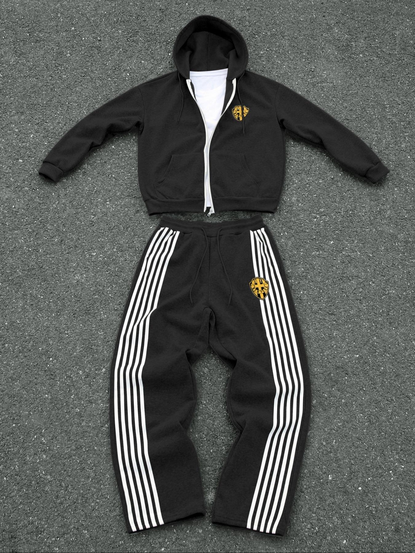 Men's Sportswear Set, Full Zip Hoodie & Drawstring Sweatpants, Fleece Lined, Casual Jogging, Fall Winter Long Sleeve Top,Winter outfits, Athletic Activewear Tracksuits