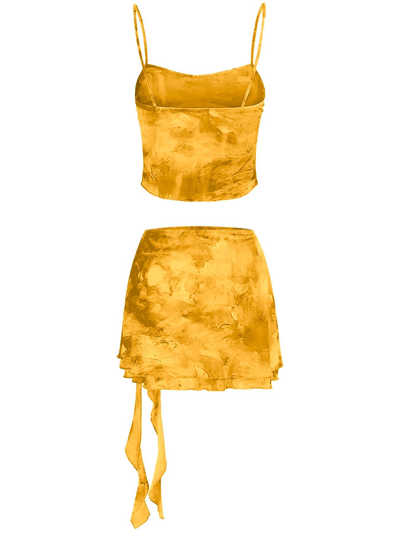 Women's All Over Print Crop Short Sleeveless Spaghetti Strap Cami Top & Skirt Two-Piece Set Fitted, Fashion Casual Skirt & Top Set for Daily Outdoor Wear, Ladies Clothes for All Seasons