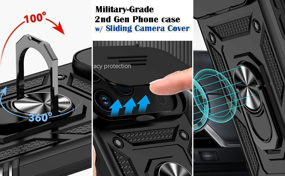 For iPhone 17 Pro Case, with Slide Camera Cover HD Screen Protector [Military Grade 16ft. Drop Tested] Ring Holder Kickstand Protective Phone Case for Apple iPhone 17 Pro, Black