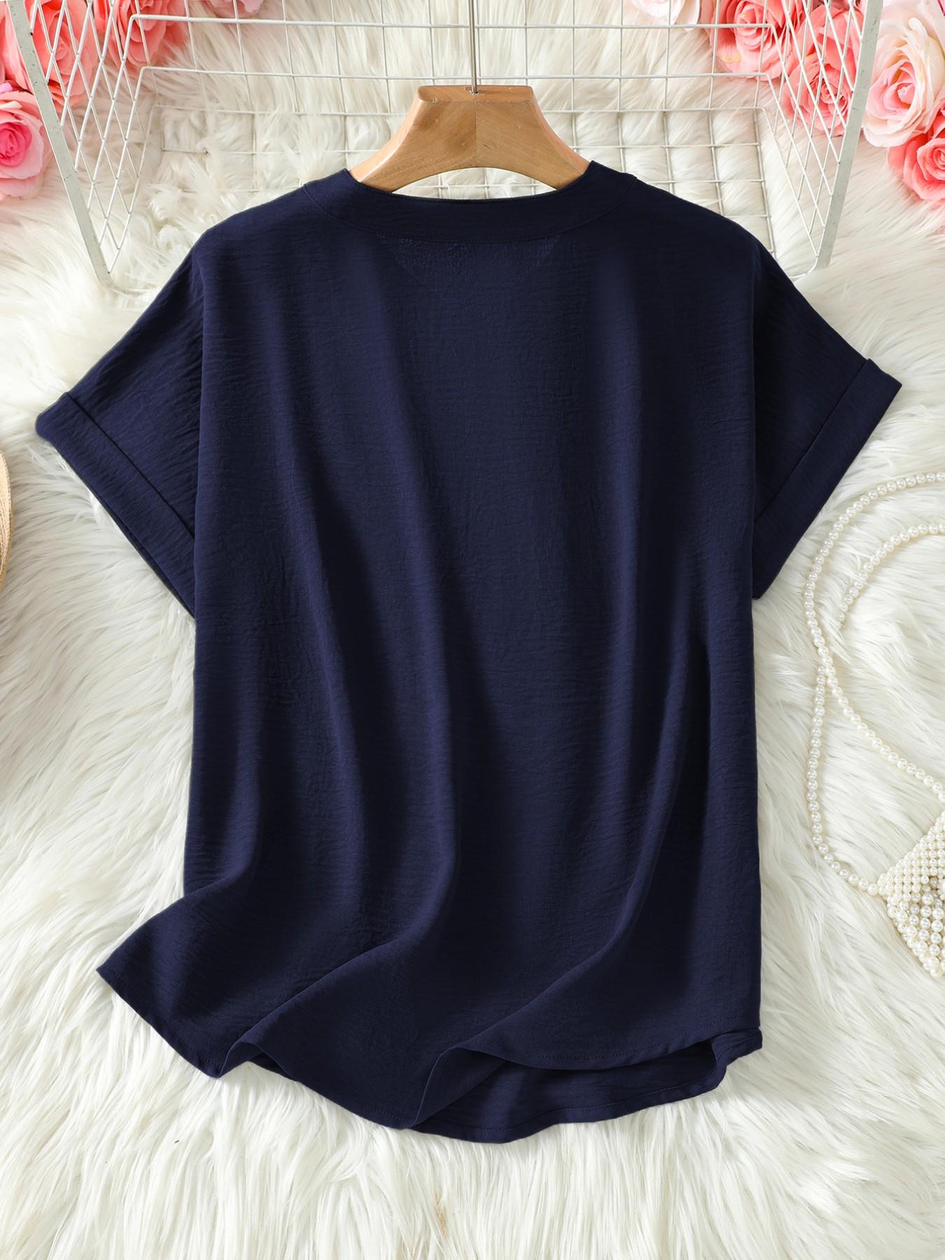 Women's Simple Vintage Solid V-Neck Short Sleeve Shirt Blouses, Casual Loose-Fitting Pullover, 100% Polyester, All Seasons Fashion Top