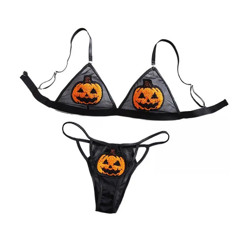 European and American Halloween Lingerie, Pumpkin Demon Role-playing Three-piece Dark Whimsical Sexy Outfit