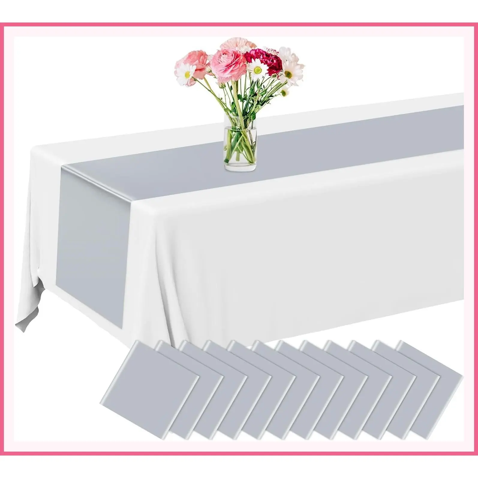 12 Pack Plastic Table Runner 14 x 108 Inch Silver Long Premium Disposable Table Runners for Dinner Tables Decor for Wedding Graduation Birthday Party DecorationsGift