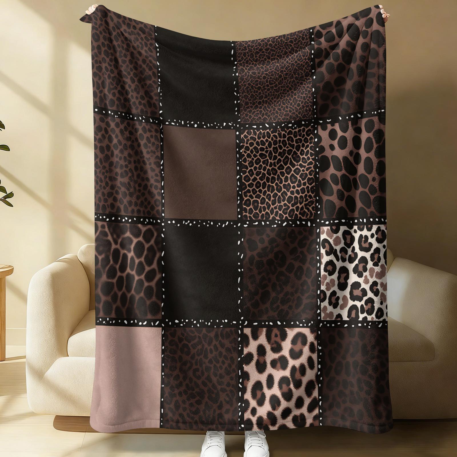 Dark Y2K Leopard Spliced Print Flannel Throw Blanket, Lightweight, Soft And Breathable, Cozy Throw Blankets. Black-Gray Cheetah Print Works For Sofas, Dorms, Travel And Camping. Delivers Cool Personal Charm, Trendy All-Season Blanket