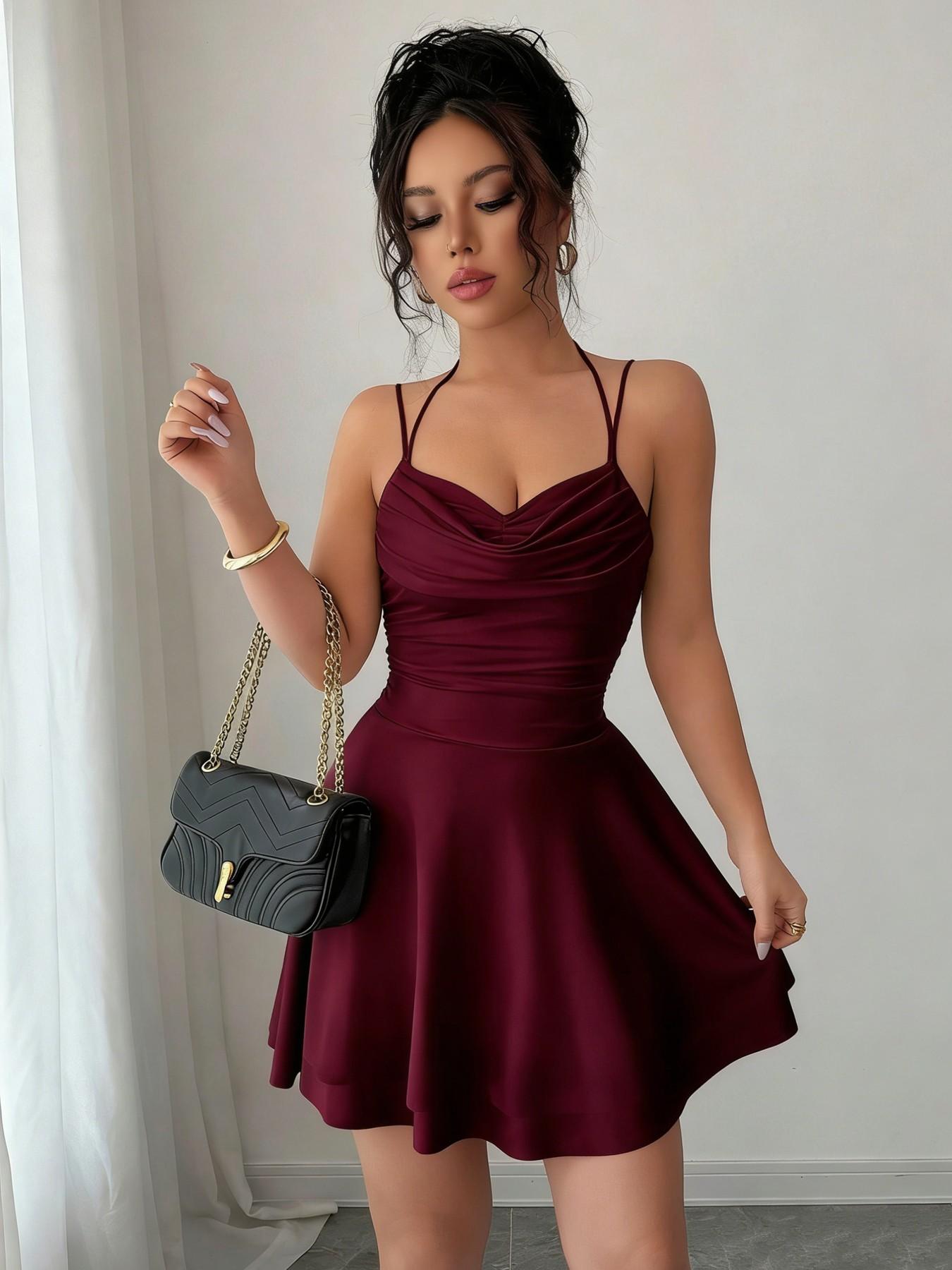 French Style Sexy Slim-Fitting Ruched Dress, Plain Color Backless Party Gown, Perfect for Graduation Season, Women's Elegant Clothing
