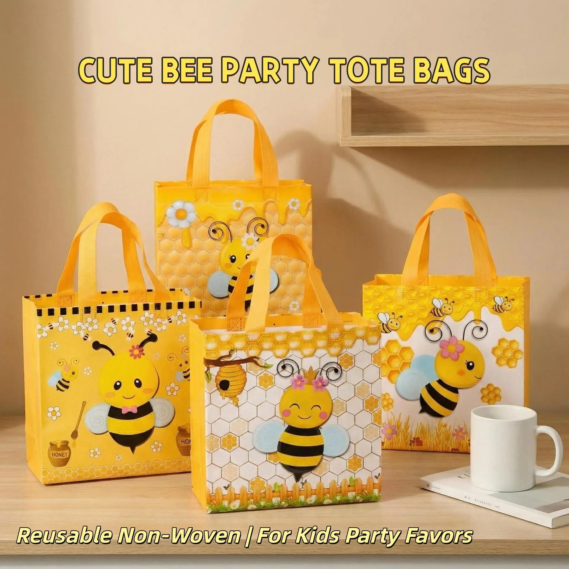 Adorable Bee Handbag, Colorful Non-Woven Gift Bag with Handle, Bee Theme Party Bag, Ideal for Birthday Parties, Grocery Shopping, Candy Bags