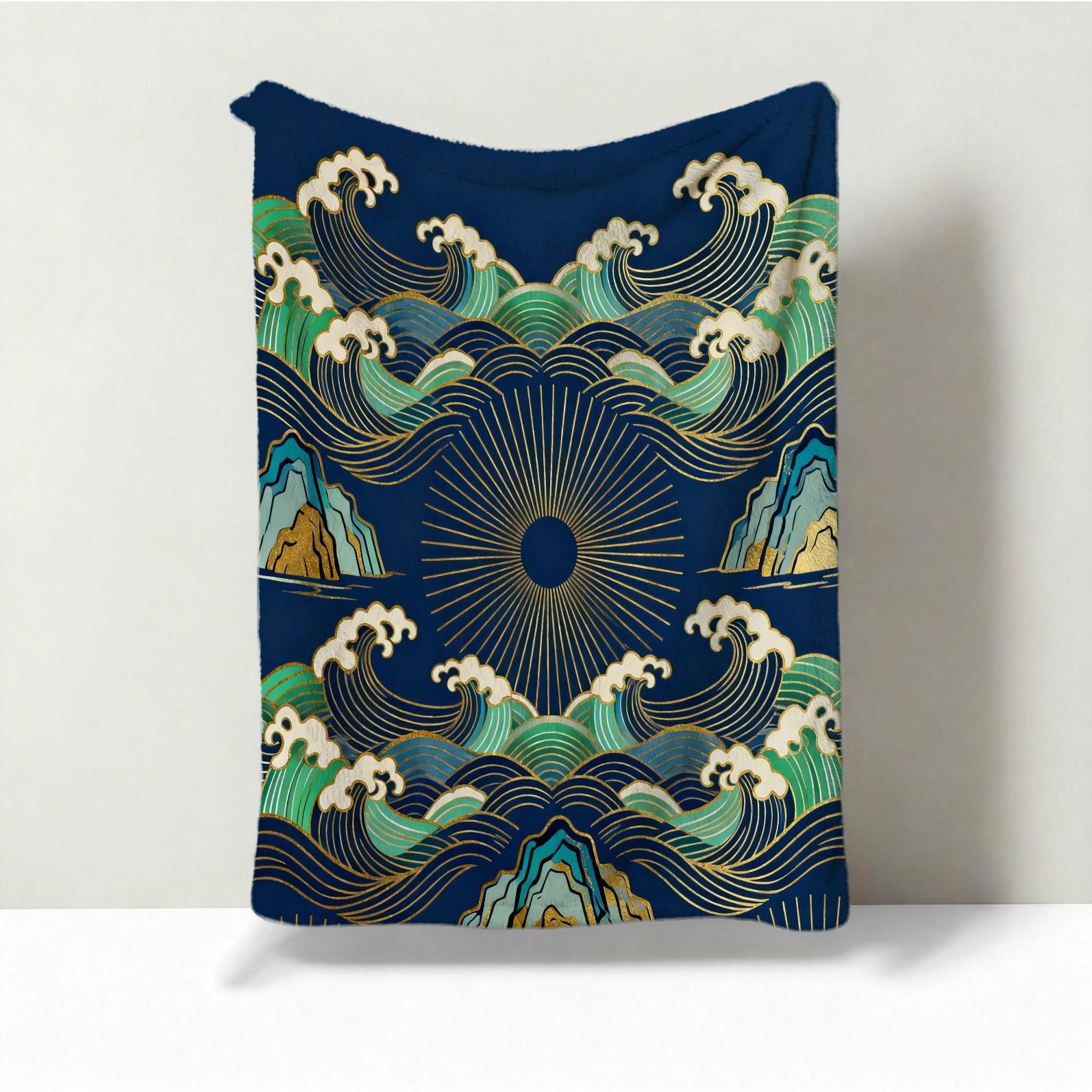 1 Piece Japanese Wave Sun Blanket, Navy Blue Gold Foil Great Wave HD Digital Single-Sided Print Flannel Throw Blanket, Super Soft Plush Warm Blanket for Couch Bed Travel, Multipurpose Cozy Gift Blanket