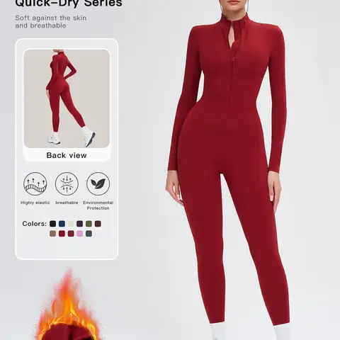 Women's Solid Zip Up Skiing Jumpsuit, Casual Sporty Long Sleeve Jumpsuit for Skiing Cycling, Ladies Sportswear for Fall & Winter