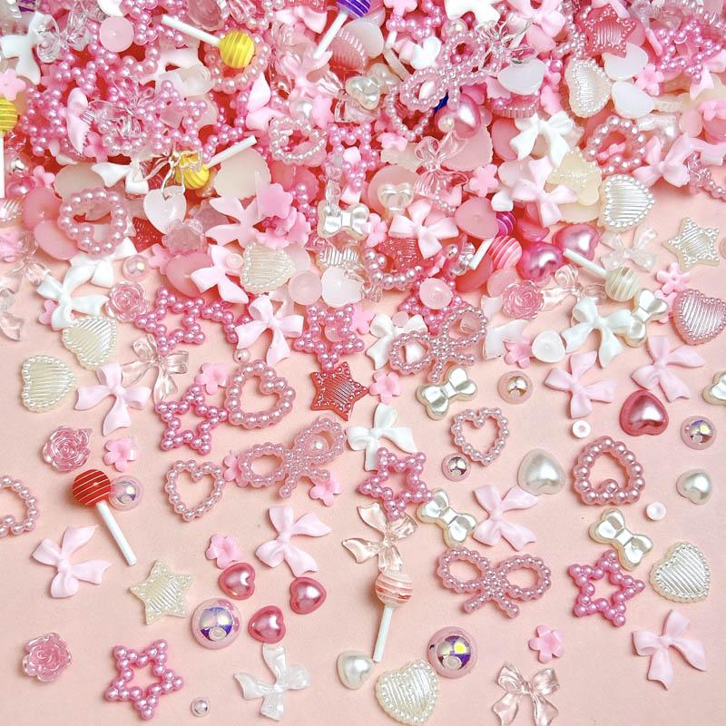 100PCS Sweet Minimalist Bow Resin Nail Charms Simulated Heart Candy Half Round Pearls Pink Decorations DIY Nail Art Supplies