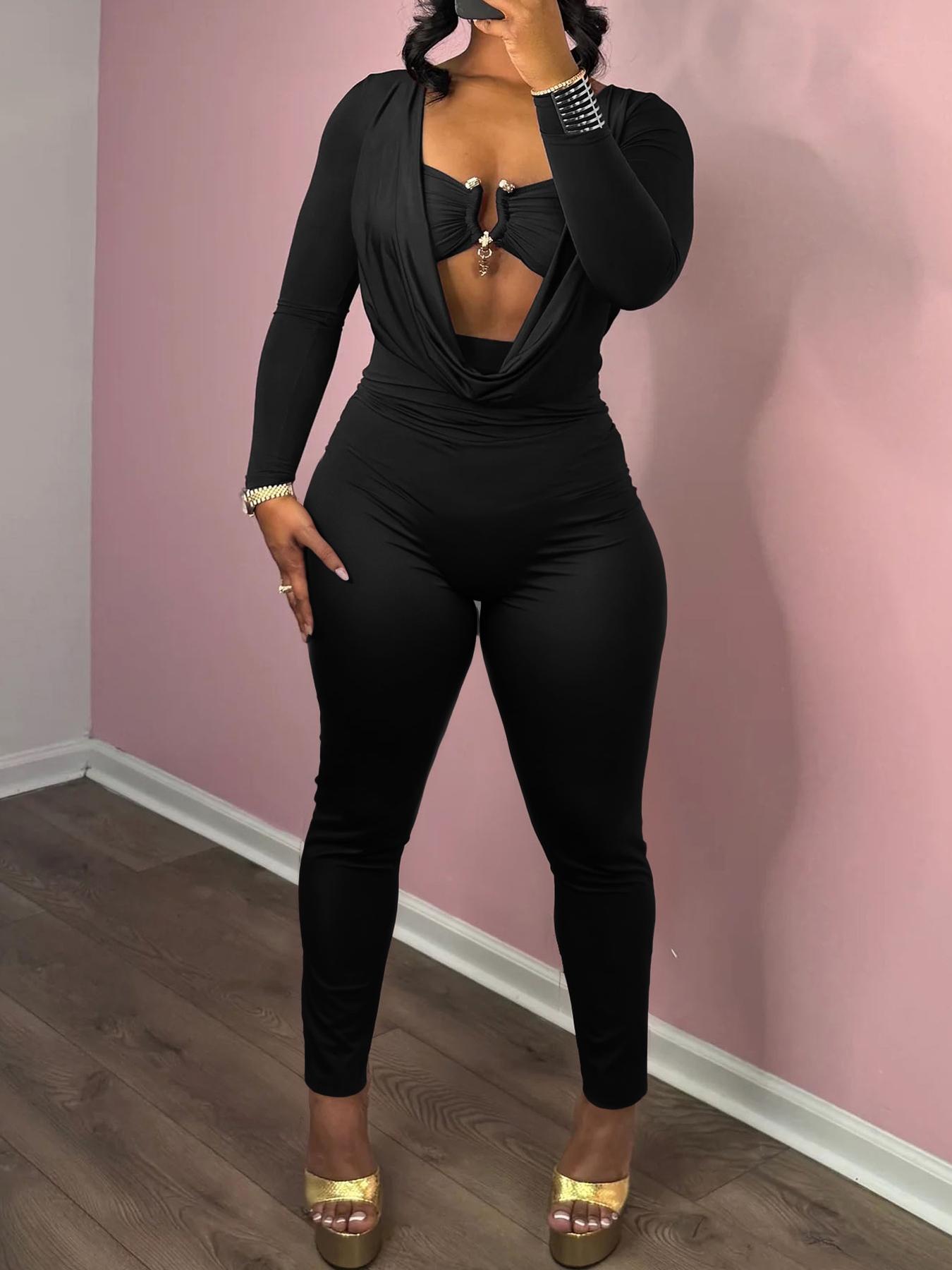 Women's Fall Fashion Sexy Halter Backless Bodycon Jumpsuit, European Style Sleeveless Slim Fit One-Piece, Casual Wear