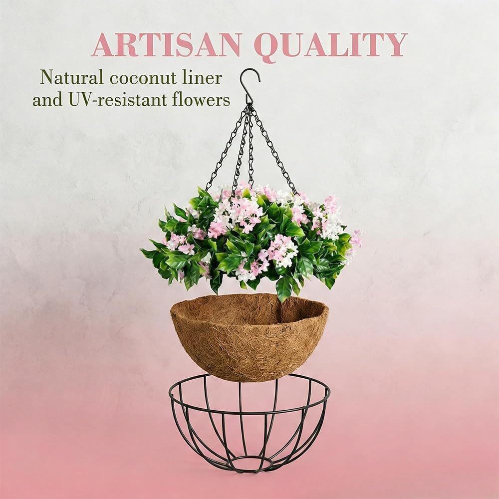 1pcs Artificial Hanging Flower Basket, Outdoor Balcony Garden Sunproof Durable No Maintenance Fake Plant Decorative Planter with Coir Pot
