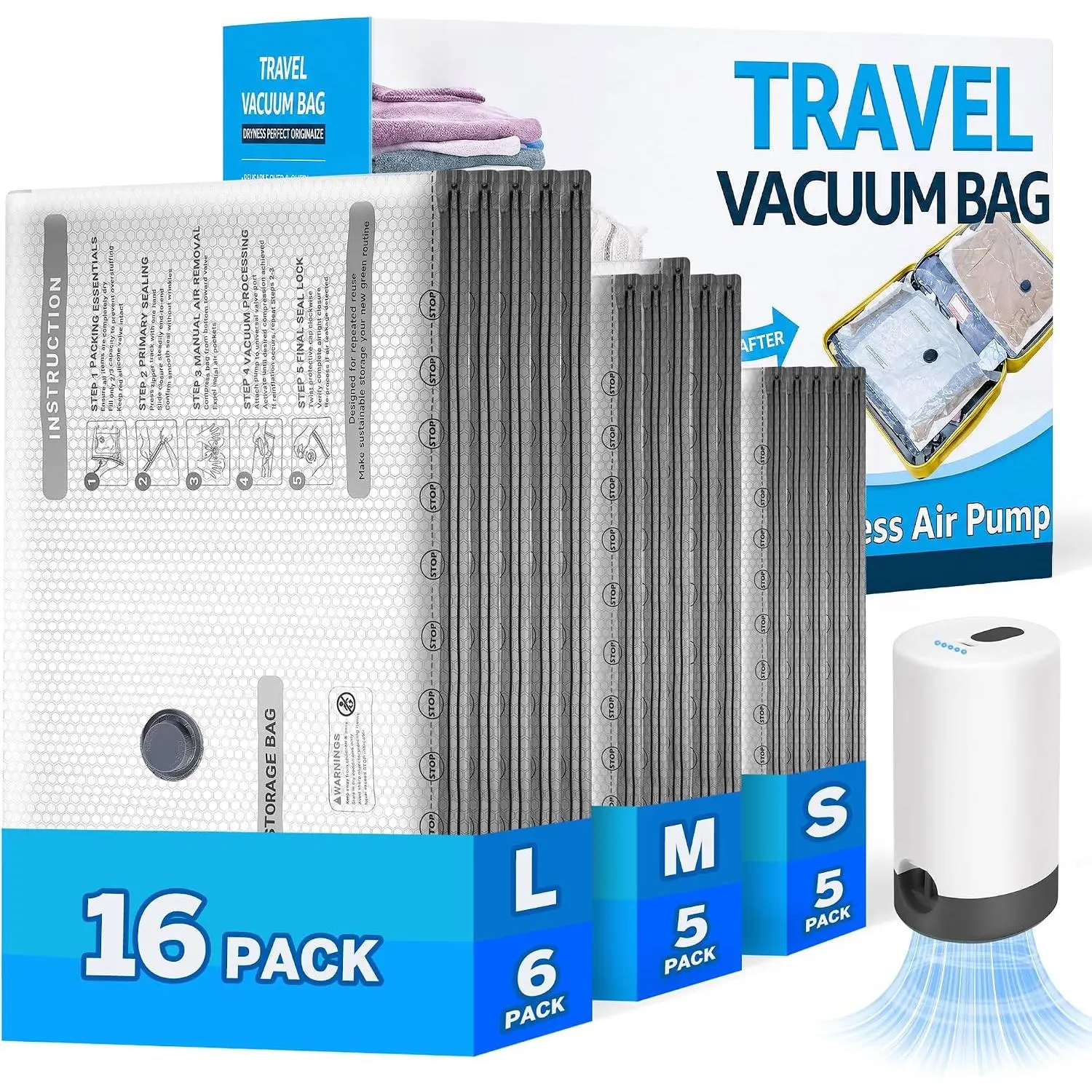 16 Pack Travel Vacuum Storage Bags with Rechargeable Pump, 3 Sizes Compression Packing Bags for Suitcase Luggage, Space Saver Vacuum Seal Bags for Clothes, Closet Organization & Home Storage
