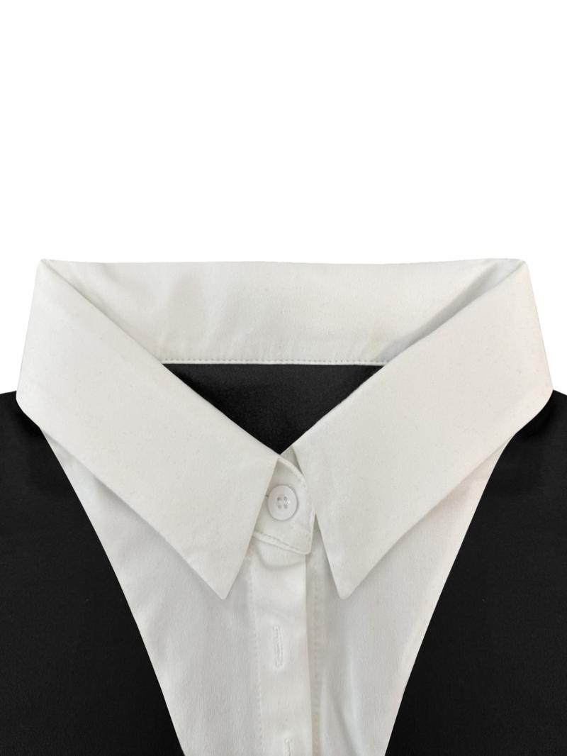 Women's Colorblock patchwork Faux Two-piece Shirt Collar Slim Fit Long Sleeve Top, Simple Comfortable Daily Wear,Versatile Stylish Blouse