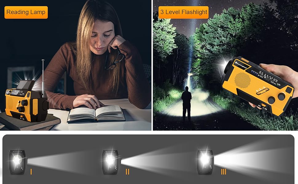 3 in 1 Charging Cable Hand Crank Emergency Radio，NOAA Weather Radio 7400mWh，Portable Solar power ，AM/FM for Winter Storm Hurricane Survival Gear Chargeable Orange so alarm crank radio outage winter storm