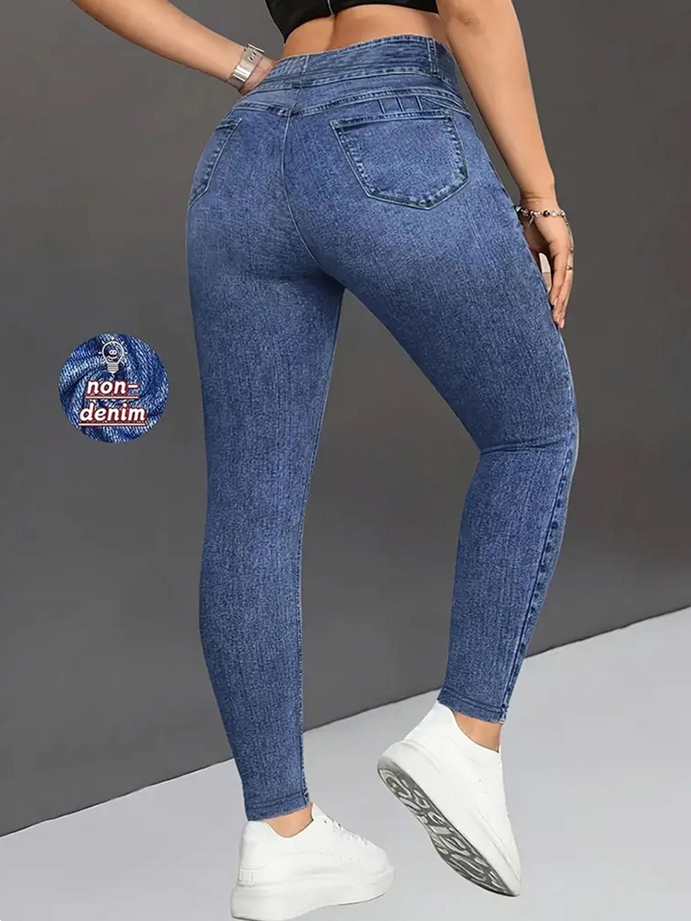 Women's High Waisted Stretch Denim Look Bottoms, Slim Fit Long Pants, Casual Sporty High Waist Butt Lifting Breathable Inner Layer Outerwear