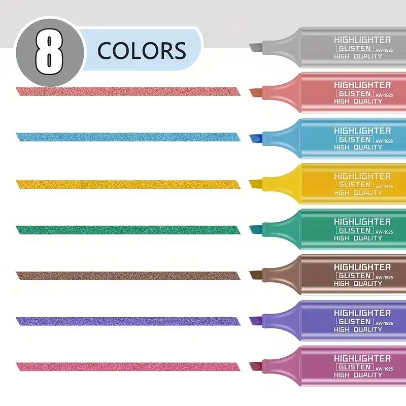 8 Pcs Highlighters Metallic and Macaron Colors, Art Markers for Oblique Drawing, Fluorescent Pens for Meetings and Note-Taking