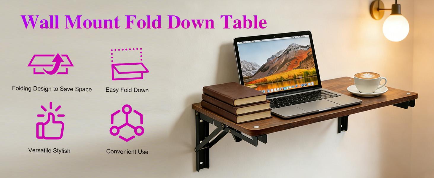 Wooden Folding Shelf Wall Mounted for Small Space, Wall Table for Living Room Bedroom Decor, Home Office Floating Fold Down Desk, Media Shelves with Heavy-Duty Brackets Holds Up to 30lbs, 21.6"*11.8"