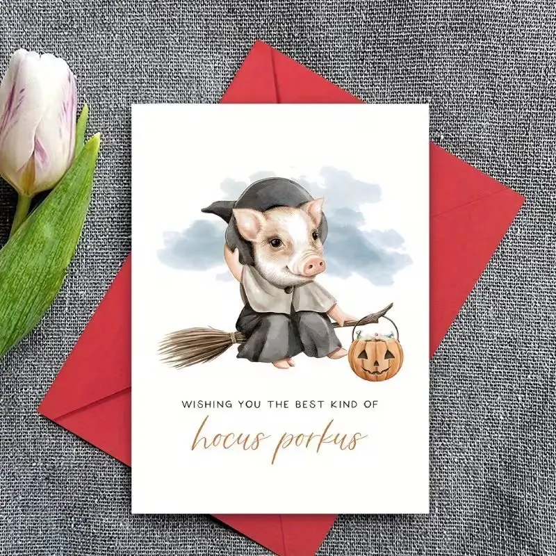 Pig Witch Halloween Invitation Card with Envelope, Cute Pig Witch Design, Funny Pig Face, Bat and Pumpkin Patterns, Birthday Party, Christmas