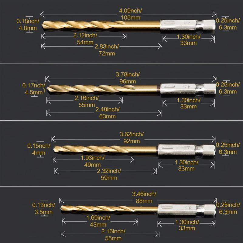 Titanium Coated Twist Drill Bit Set, Hex Shank High Speed Steel Drill Bits 1.5mm-6.5mm Spiral Saw Drill Bit, Quick Change Woodworking Drilling Tool, Gift