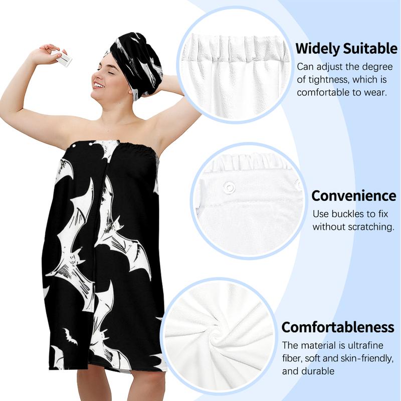 XXXXL plus-size bathrobe set, Halloween bat series, suitable for women, absorbent hair wrap towel for after bathing, spa, and swimming pool. A must-have for home/travel.