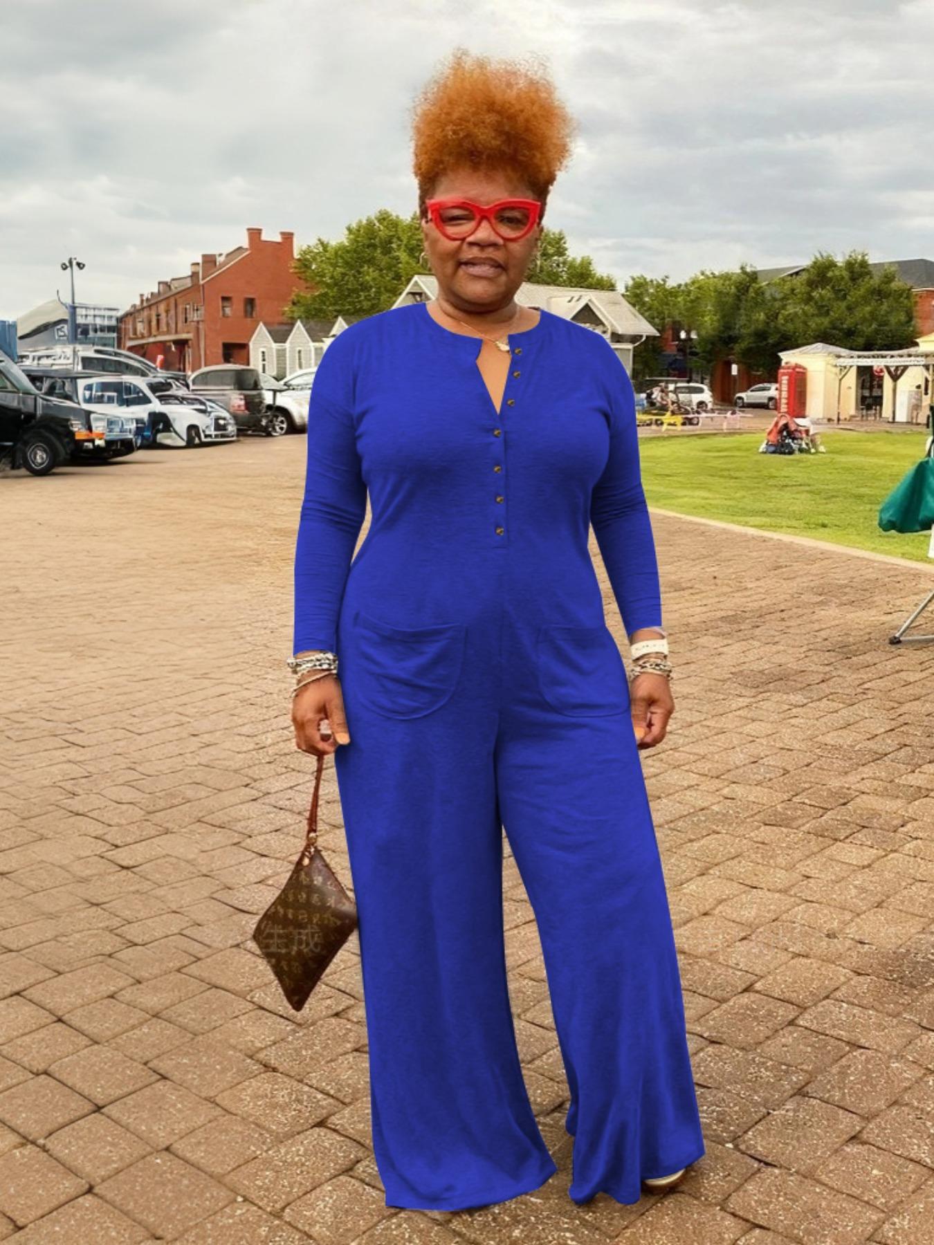 [Plus Size] Solid Pocket Button Front Wide Leg Jumpsuit, Casual Long Sleeve Round Neck Jumpsuit for Daily Wear, Women's Clothes for Fall & Winter, Womenswear