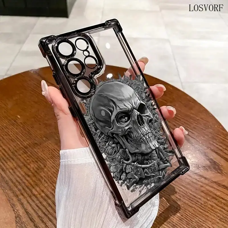 Punk-Themed Mechanical Skull Protective Phone Case for SAMSUNG Galaxy S24/S23/S22-S24+/S23+/S22+-Ultra-FE-Plus, Electroplated All-Encompassing Anti-Drop TPU PC Casing, Slim Fit Mobile Accessory, Model C052, Cellphone, Accessories