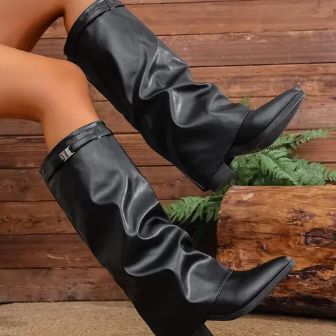 Women's PU Leather Mid-Calf Pull On Boots, Pointed Toe Cut Out Design, Spring & Fall Fashion Shoes, Comfortable Rubber Sole, Plain Pattern