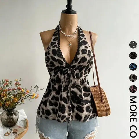 1 Piece Women's Halter Top, Leopard Print Trim V Neck Tie Front Sleeveless Babydoll Camisole Cami Top, Flowy Peplum Casual Blouse, Figure Flattering for Daily Wear Vacation Brunch Going Out Streetwear