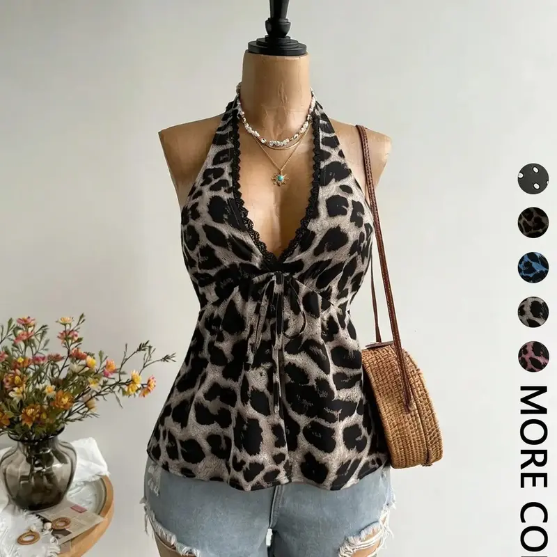 1 Piece Women's Halter Top, Leopard Print Trim V Neck Tie Front Sleeveless Babydoll Camisole Cami Top, Flowy Peplum Casual Blouse, Figure Flattering for Daily Wear Vacation Brunch Going Out Streetwear