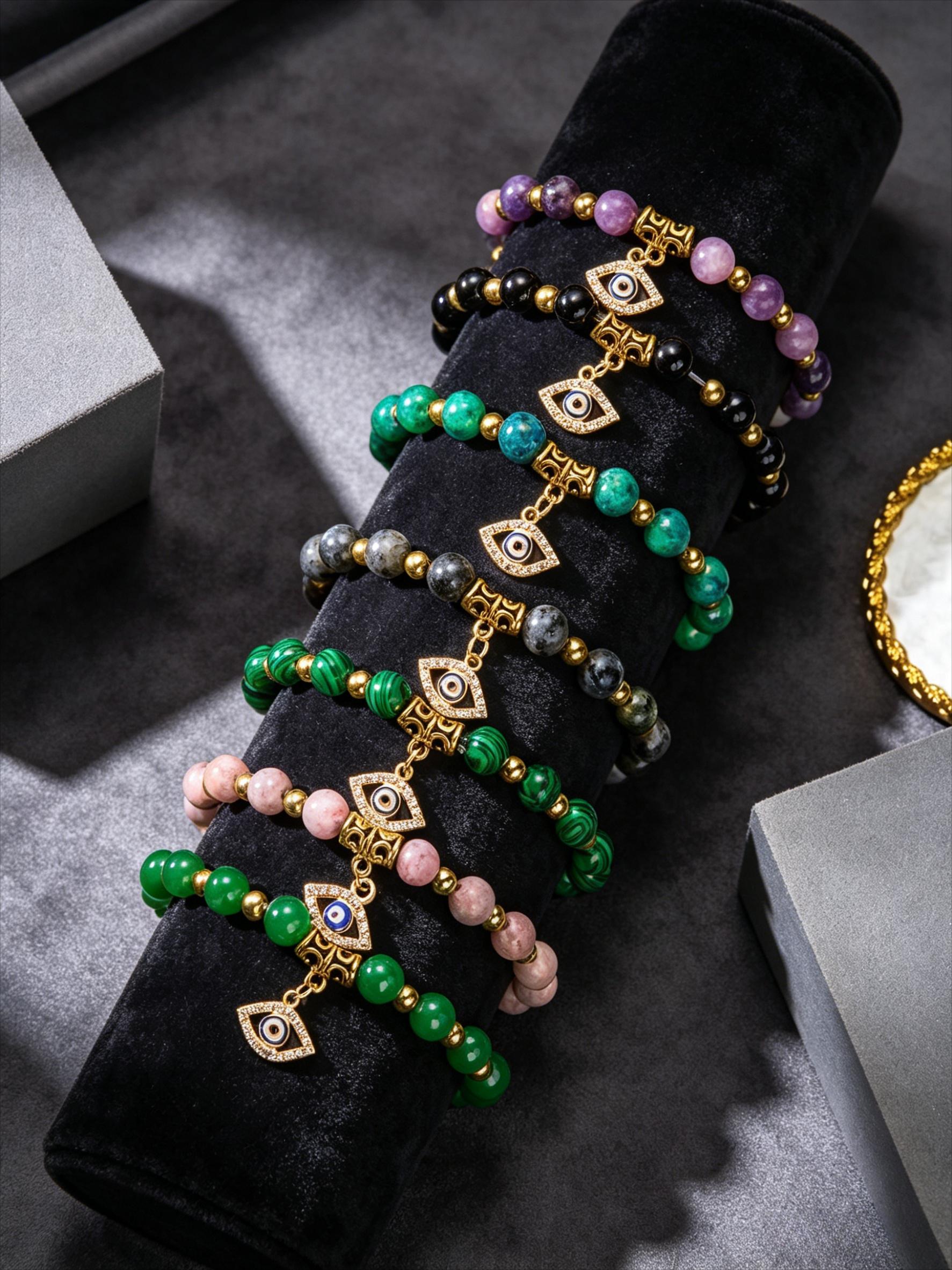 5Pcs,a set of random bracelets, multi-color natural stone Turkish evil eye bracelet set, niche design sense transfer bracelet, couple and girlfriend birthday gift, commuting versatile light luxury high-end fashion jewelry.