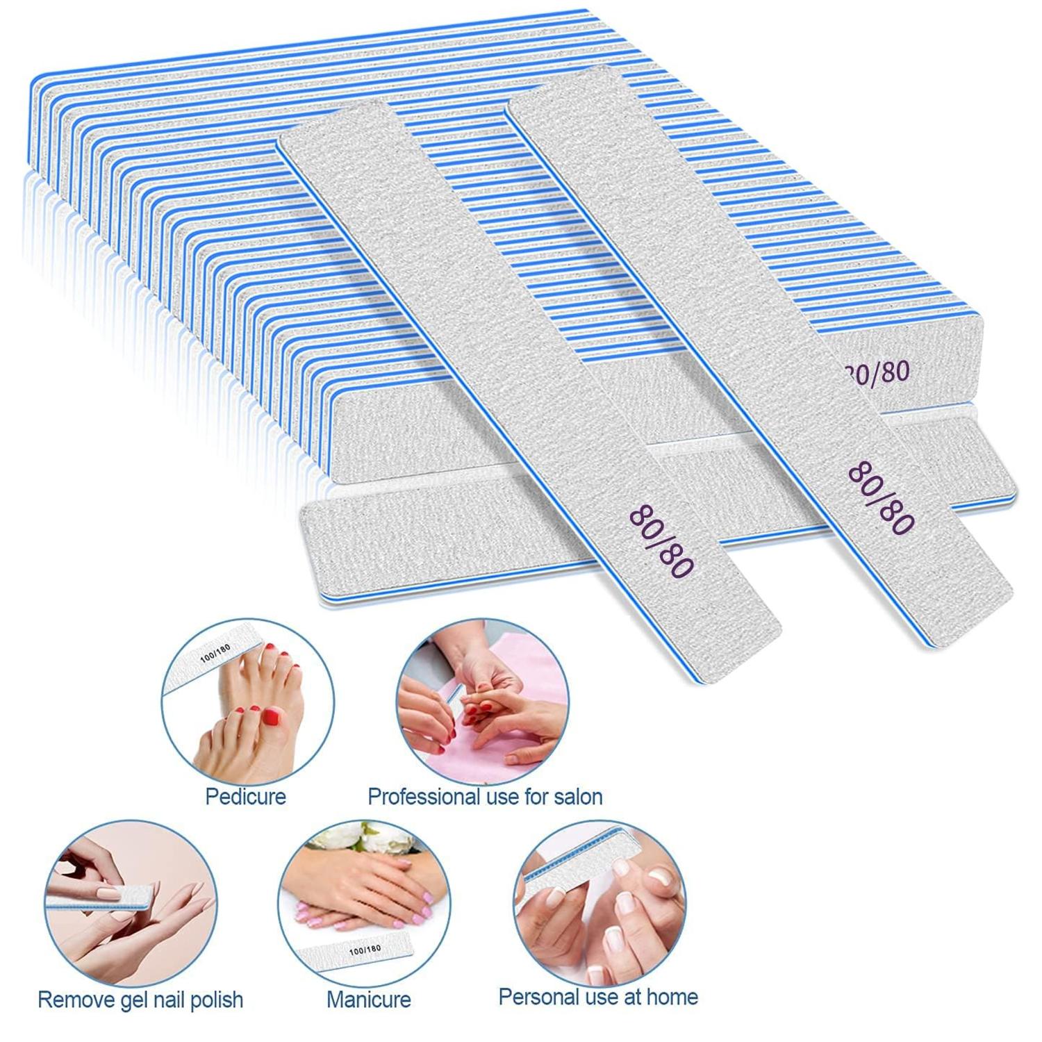 50pcs 80/80,100/100,100/180 Grit Nail Files Acrylic Nails Emery Boards File Professional Nail Art Tools for Home,Salon,Strong,Double Sided