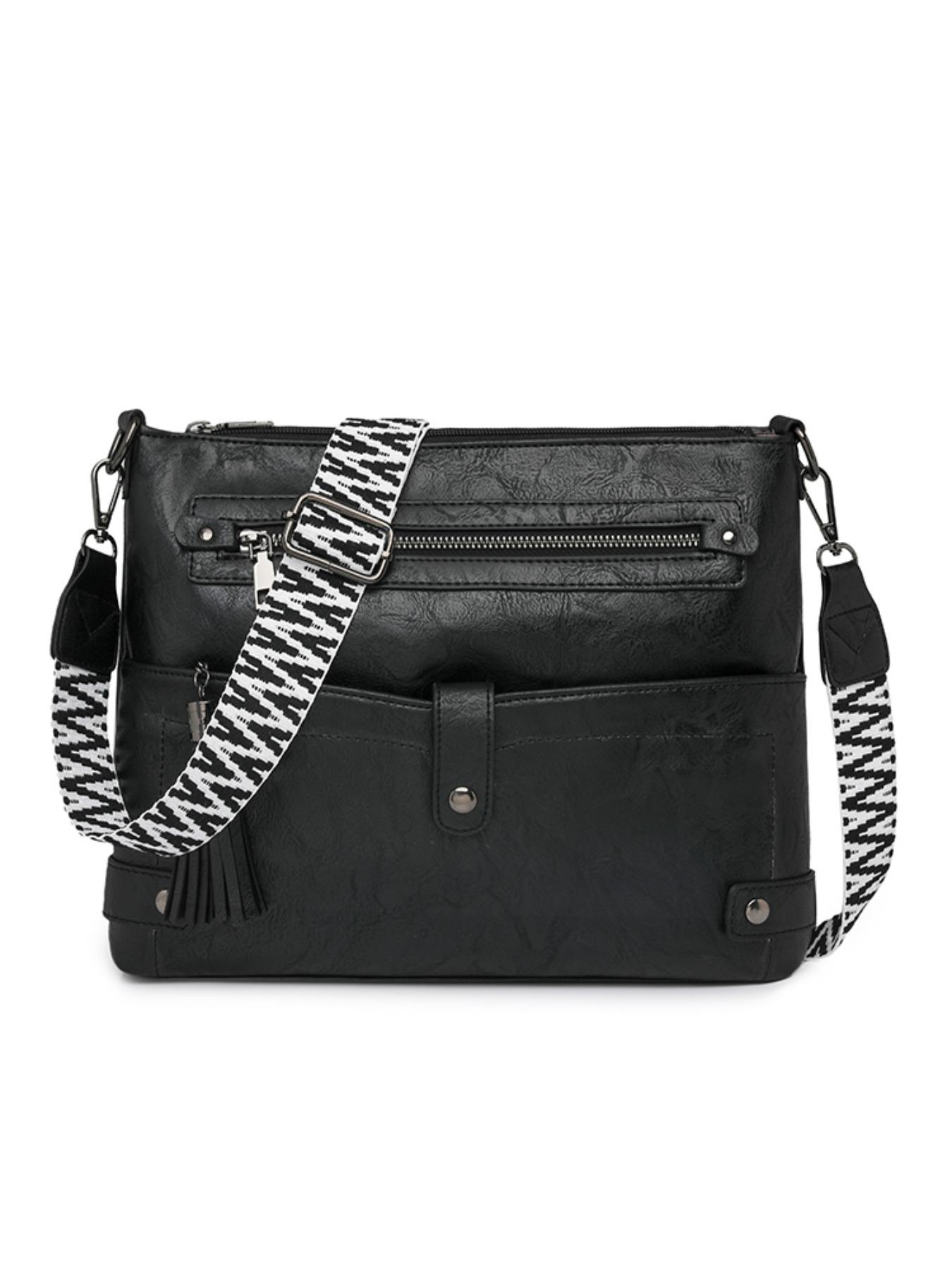 Vintage PU Crossbody Bag, Wide Strap Fringe Design, Large Capacity Shoulder Bag, Casual All-Season Tote, Multi-Layer Anti-Theft, Adjustable Strap