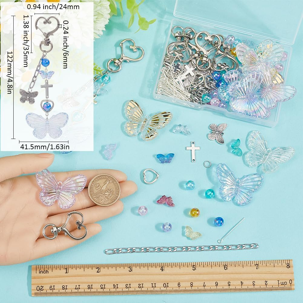 128 count Butterfly  Making Kit Butterflies Beads Colorful Butterfly Bead Heart Butterfly Charms  Glass Spacer Beads for Keychains Making Women Adults DIY Crafts Supplies