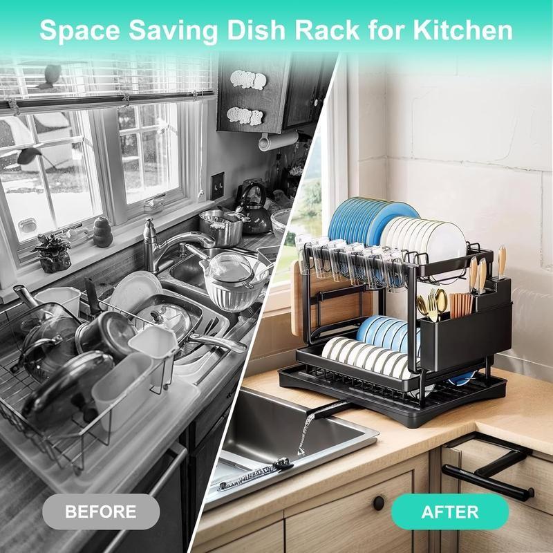 Kitchen Multi-Functional Drain Rack, Dish Draining Shelf, Countertop Bowl Drying Rack, Small Storage Organizer for Bowls and Plates