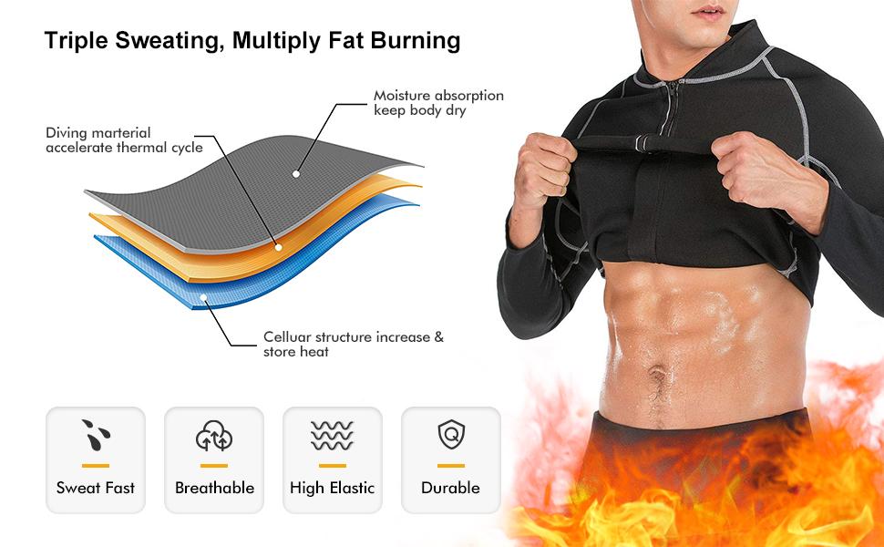 Men's long-sleeved sauna top/jacket, sauna sweat-inducing, tummy-tightening and body-slimming, tear-resistant and durable body-slimming sauna suit, Lightweight Sports Jacket