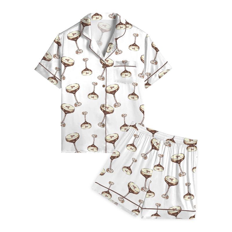 SHESHOW Espresso Martini Pajama Set Print Comfy Satin Sleepwear & Loungewear Pjs Top & Shorts - Without Bottom Pockets