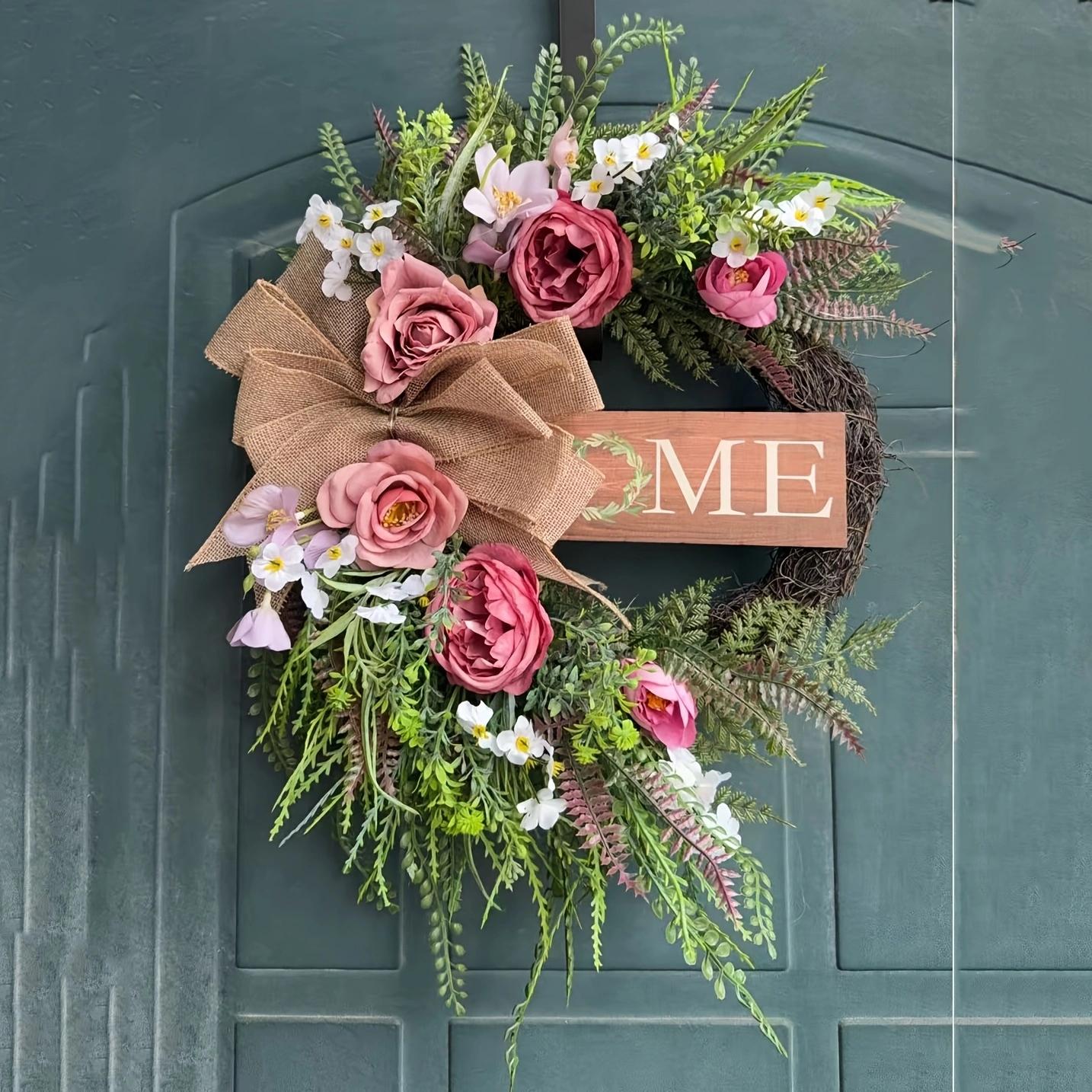 Neutral Color Farmhouse Style Wreath with Peony Flowers, Home Signboard, Hemp Cloth Bow, All-Season Decor for Porch, Living Room, Entryway