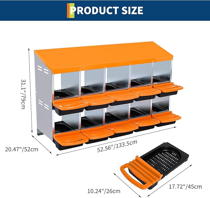 Chicken Nest Box, Rollaway Chicken Nesting Box, 2-Tiers Large Mental Hen Roll-Off Layer Box with Extra Large Openings, Resting Platform, Waterproof Sloped Roof, Easy Clean Removable Tray