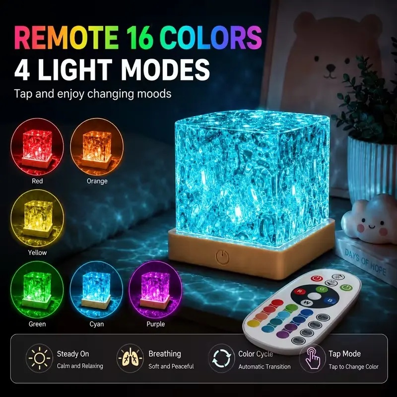 Water Ripple Ambient Night Light, Small Lamp That Exudes a Sense of Luxury, 16-Color Decorative Projection Lamp with Smart Control, Remote and Touch Functions, for Bedrooms and Rooms, Romantic Home Decor Gift Light, Bedroom Lighting