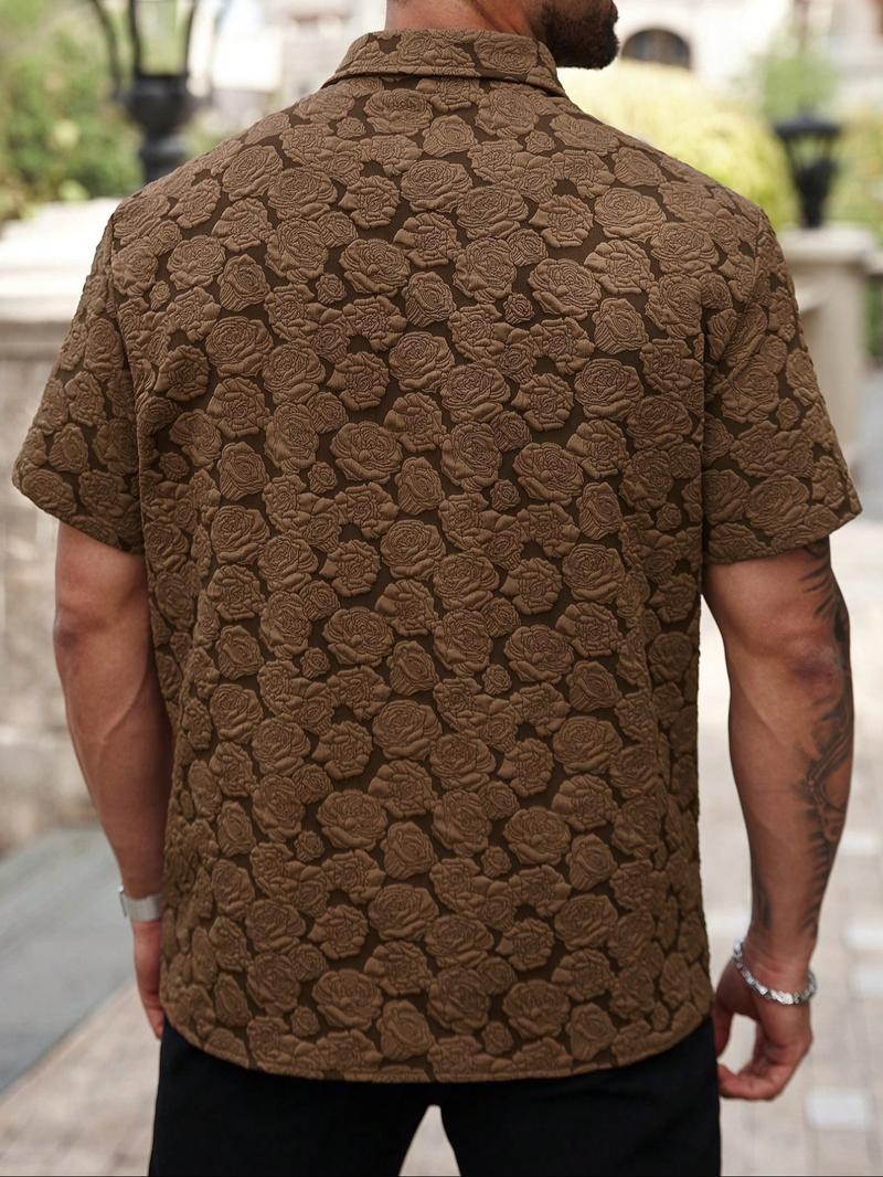 【Plus Size】 Men's Rose Print Short Sleeve Shirt, Regular Fit Casual Button Closure Top for Summer, Men's Clothes for Beach Vacation, Menswear