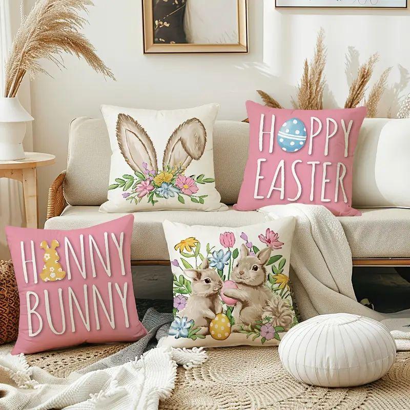4PC, 2D flat printing, single-sided printing, multiple sizes. Easter Bunny Pattern Flax Pillow Covers for Sofa Made of polyester fiber, machine washable. Suitable for indoor and outdoor decoration (pillow insert not included, not embroidered).