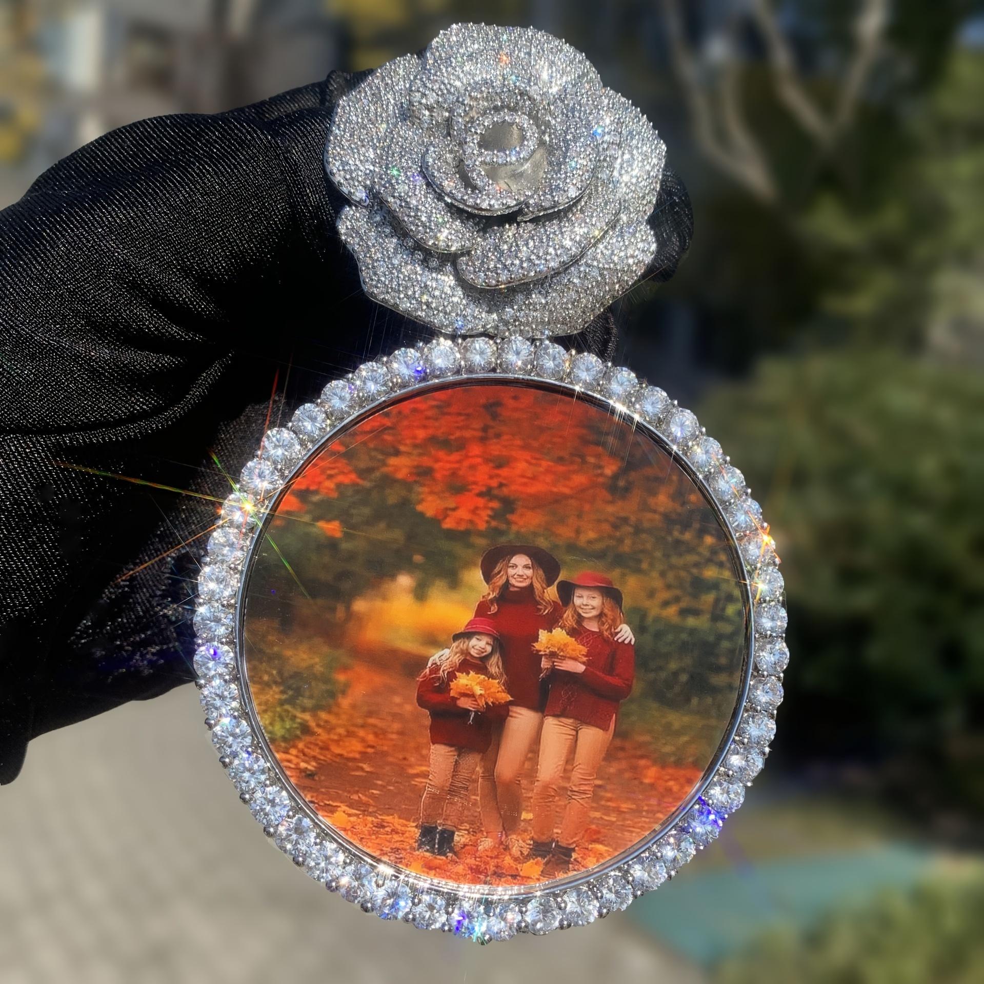 Large Big Circle Chain Photo Picture  Customized  Rose Pendant CZ Custom Chain Necklace For Men Women Gift