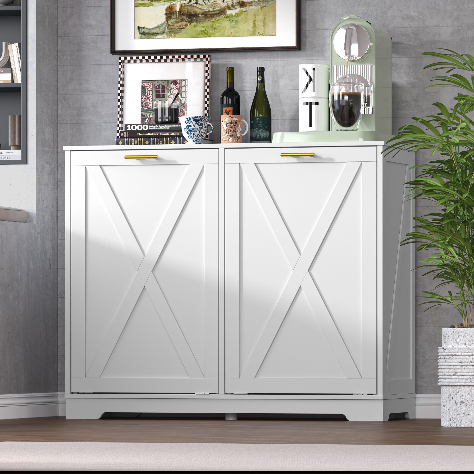 Tilt Out Trash  Cabinet for 2 Bins, Hidden Recycle Garbage Bin Enclosure, Wooden Double Laundry Cabinet with Odor Control, Negative Ion & Ozone, for Kitchen, Bathroom, Laundry Room