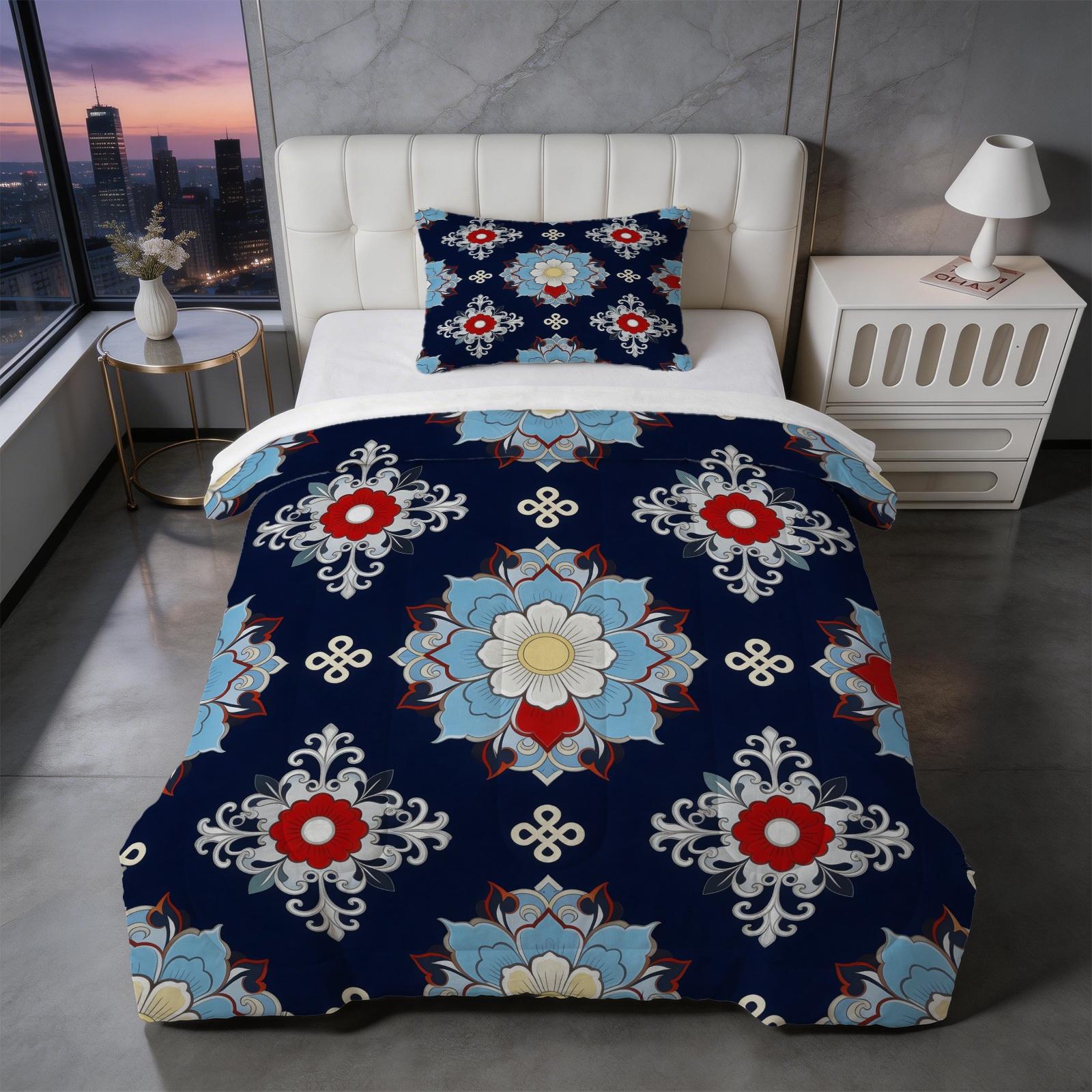2/3 Piece Vintage Floral Mandala Comforter Set, HD Digital Printed Quilt, Soft Plush Bedding Set (Pillowcases No Inserts), U-Stitched All-Season Bed Comforter for Bedroom