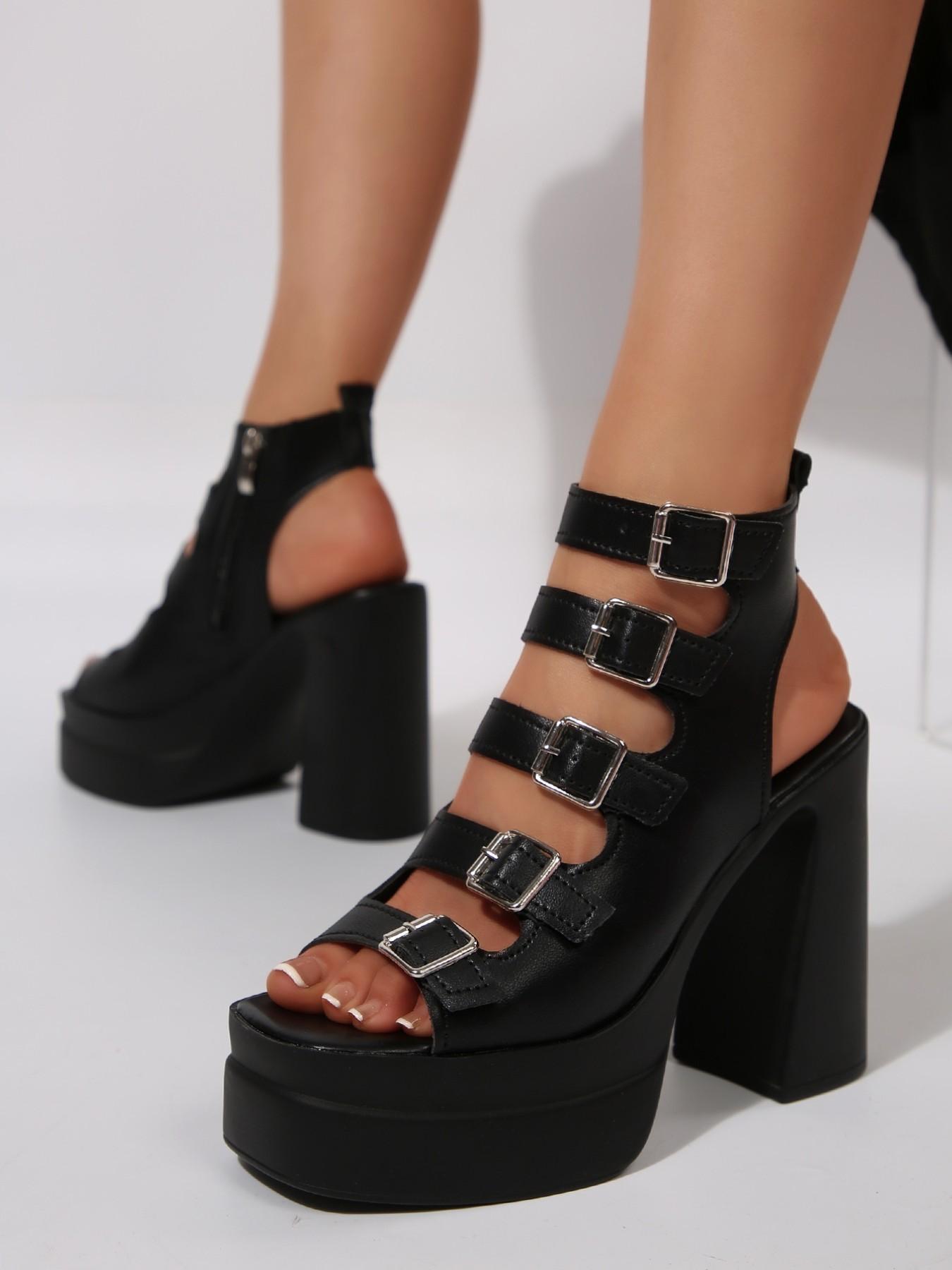 Women Punk Style High Heel Sandals, Multi Buckle Hollow Out, Waterproof Platform Rubber, Three Colors Available, Stage Party Shoes, Fashionable Platform Sandals