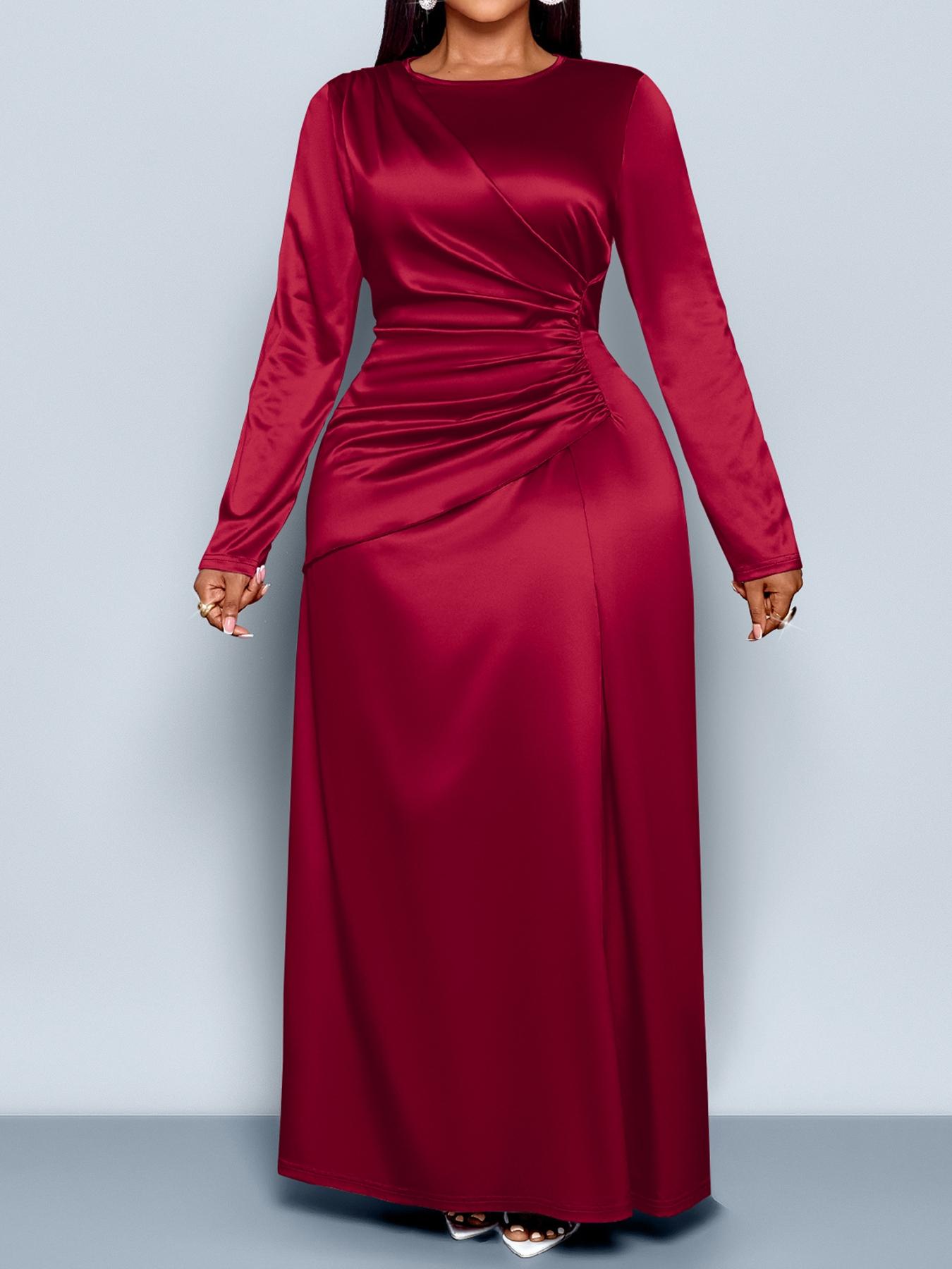 Plus-size Christmas Women's Vlothing Women's Elegant Plain Satin Dress, Round Neck Long Sleeve Bodycon High Waist Maxi Gown, Fall Fashion Plus Size Evening Wear