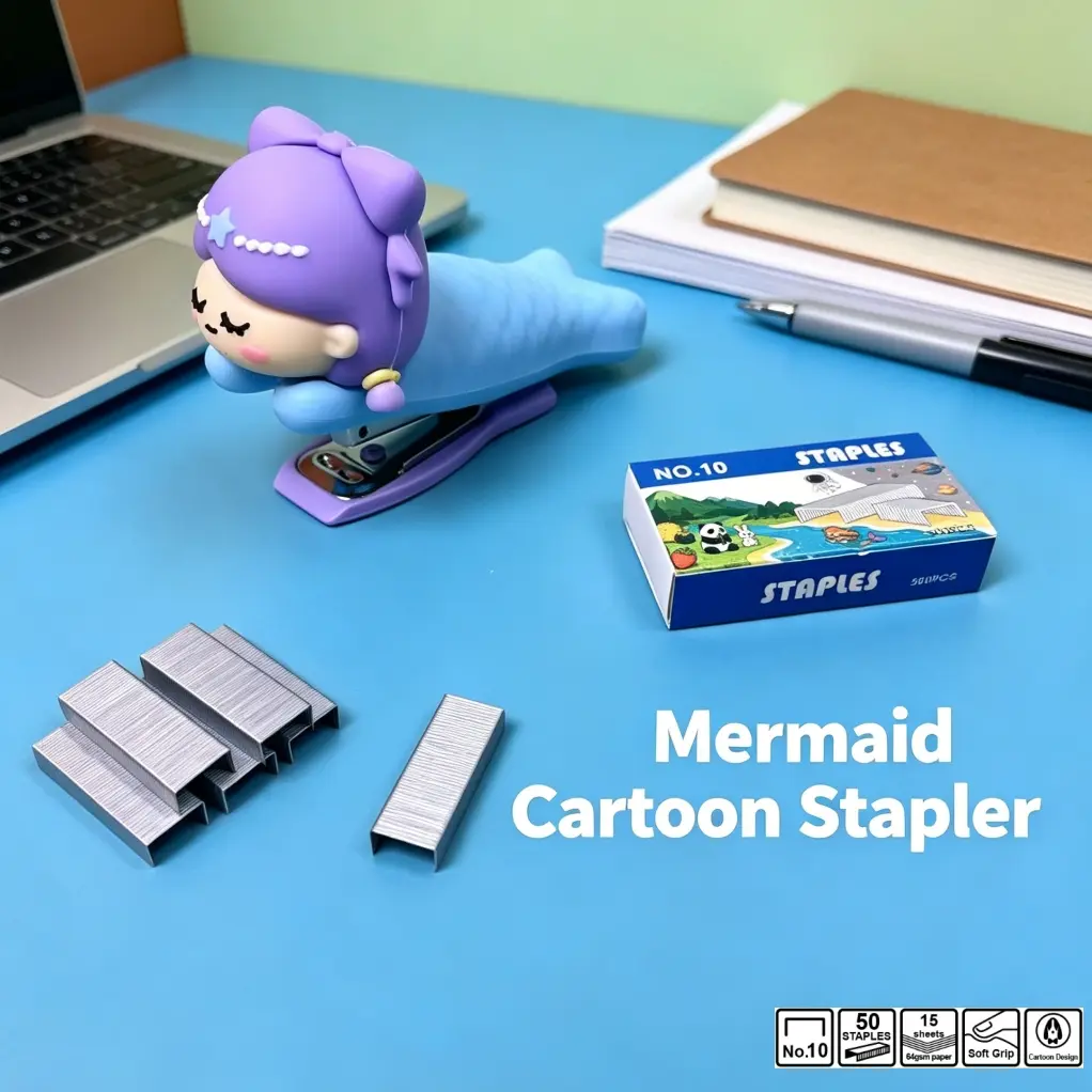 Mermaid Cartoon Stapler Set with 500 Staples, Comfortable Binding, Versatile, Ideal for Home School Office Classroom Supplies, Cute Design, Essential Stationery