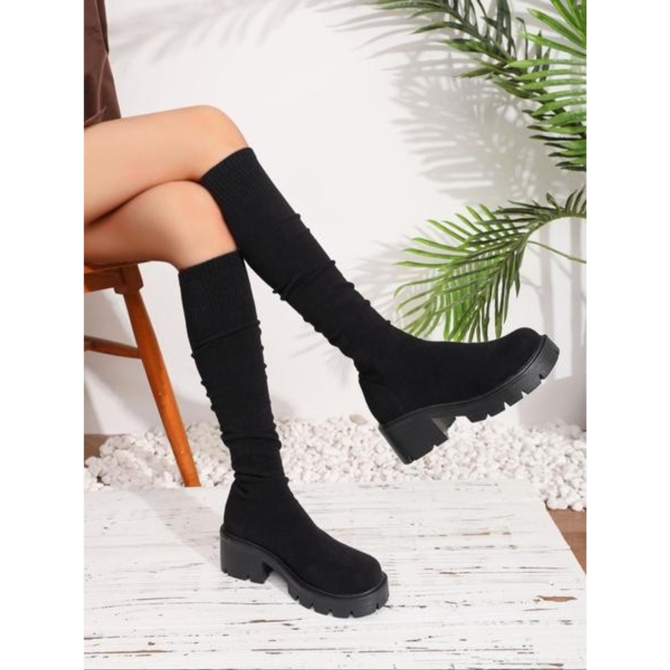 Women's Over-The-Knee Sock Boots, Fall & Winter Sexy Style Knitted Long Booties, Thick Sole Textile Upper Rubber Sole, Daily Wear Boots