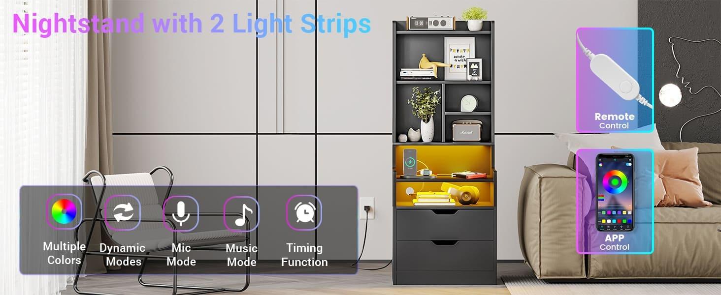 Sikaic LED Nightstand With Bookshelf Charging Station