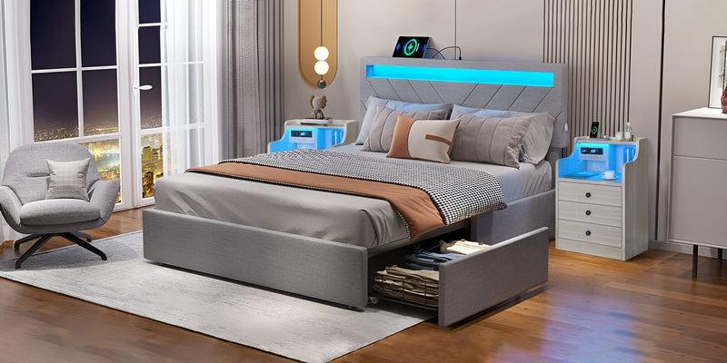 Sikaic LED Nightstand With Hutch Drawers Charging Station Bedroom Dresser Table