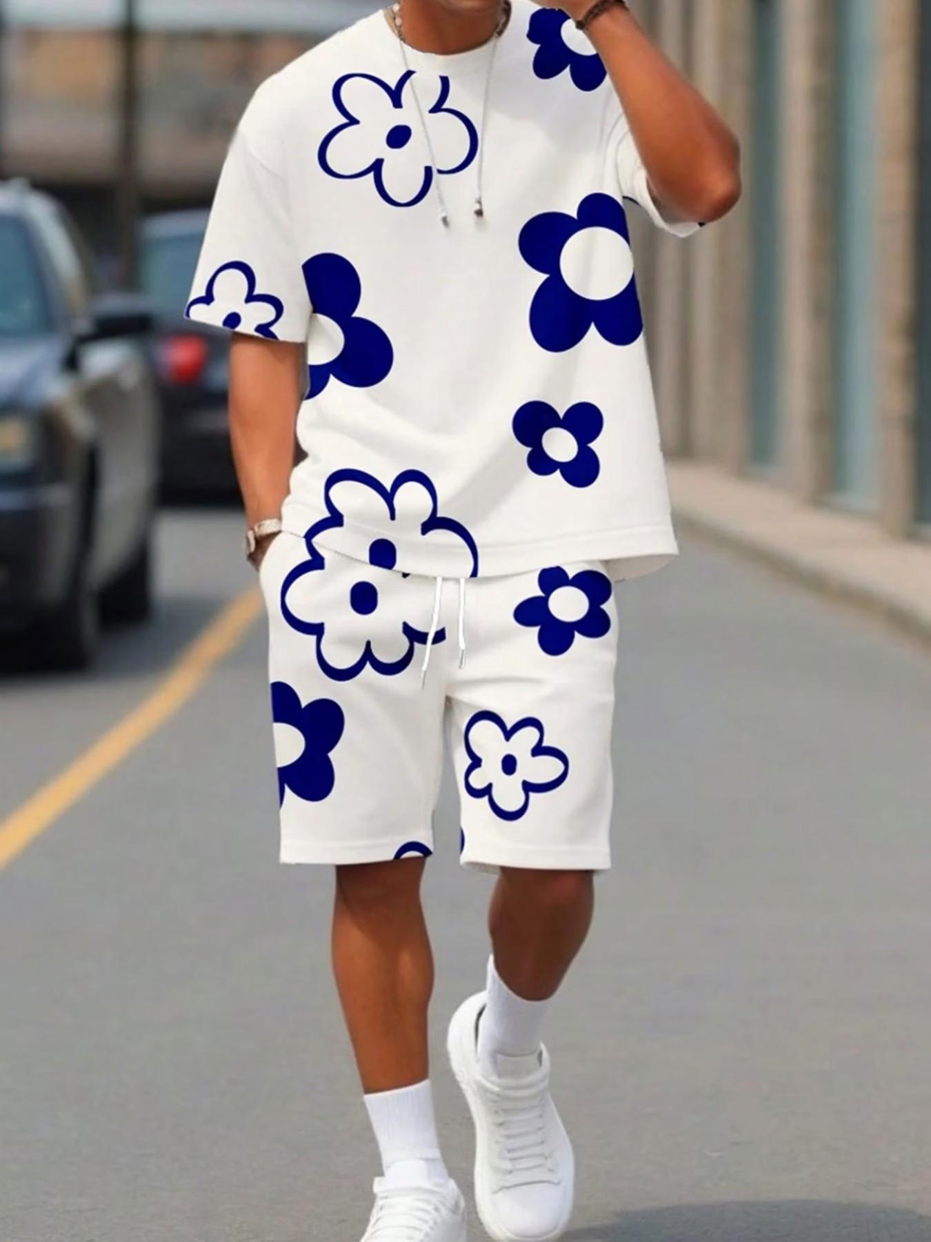 Men's 3D Printed Short Sleeve Top and Shorts Two-Piece Set, Casual Fitted Design, All over Print, Summer Fashion